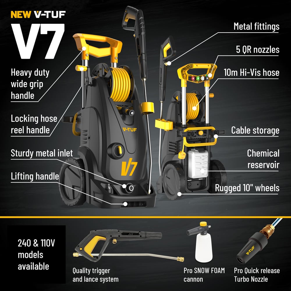 V-TUF V7 110v Tough DIY Site Electric Pressure Washer 150Bar with Accessories and Hose Reel Image 6