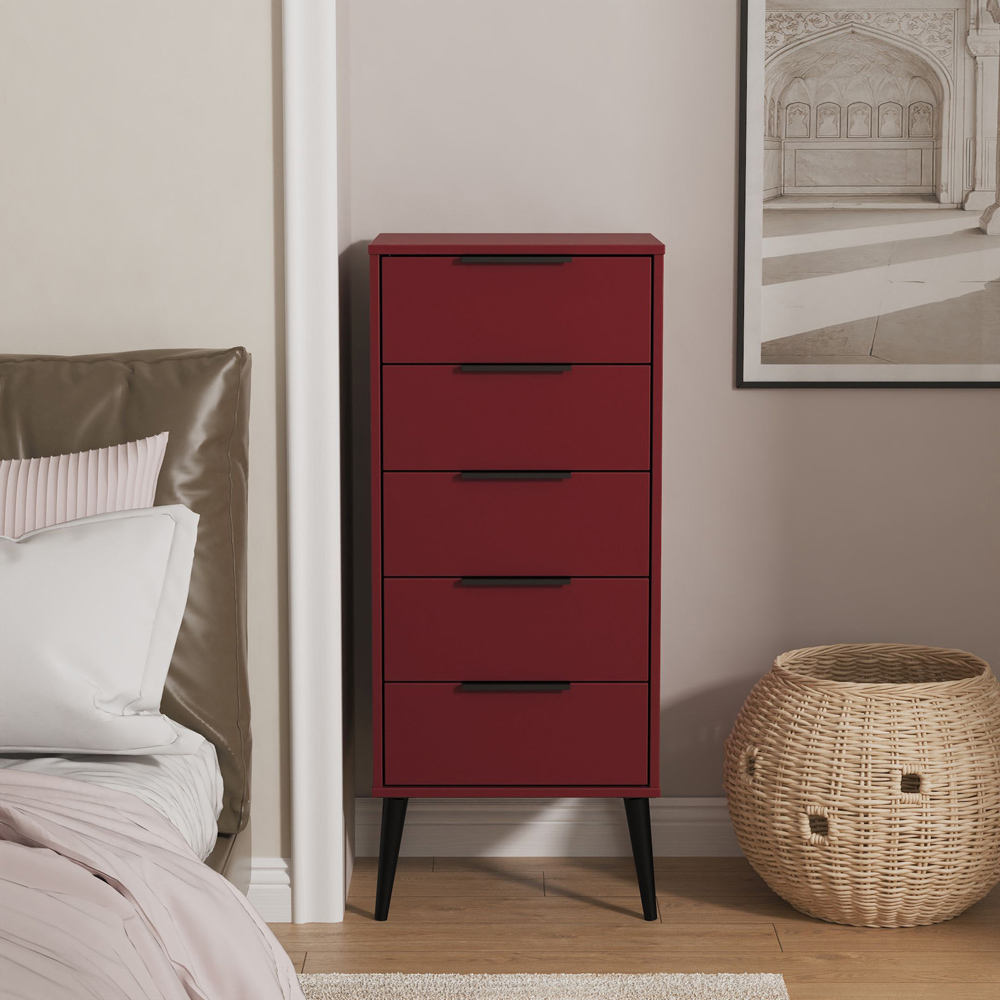 Crowndale Hong Kong 5 Drawer Matt Red Tall Bedside Cabinet Ready Assembled Image 7