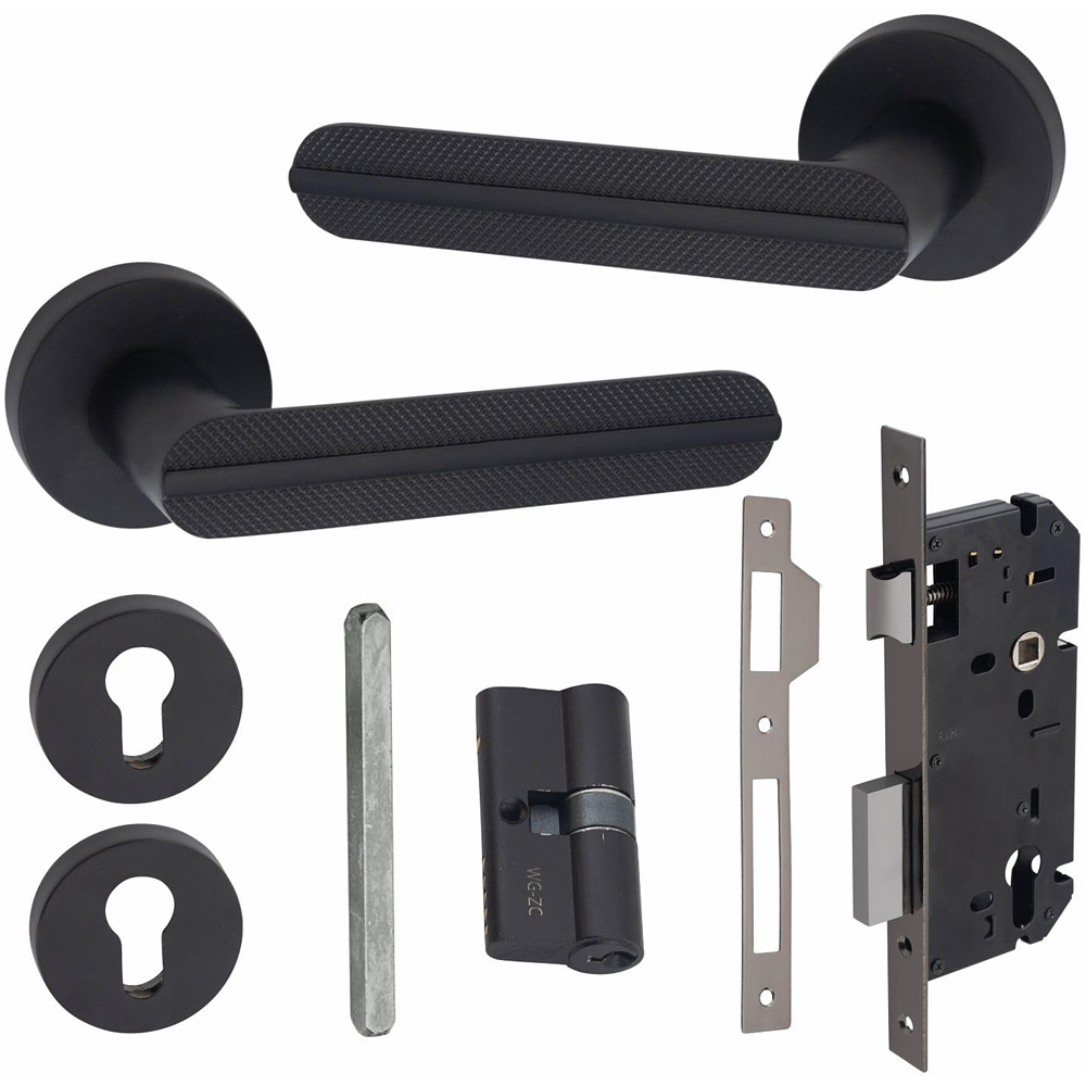 Golden Grace Matt Black Modern Lima Euro Lock Door Handle Set 70mm Image 1