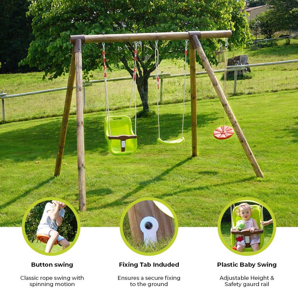 Soulet Tiago Kids Wooden Double Swing Set with Rope Disc Image 5