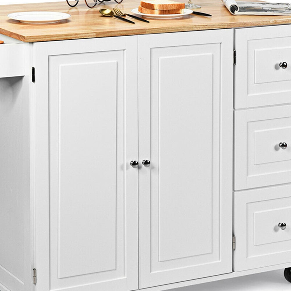 Costway 3 Drawer and 2 Door White Kitchen Island Cart on Wheels Image 3