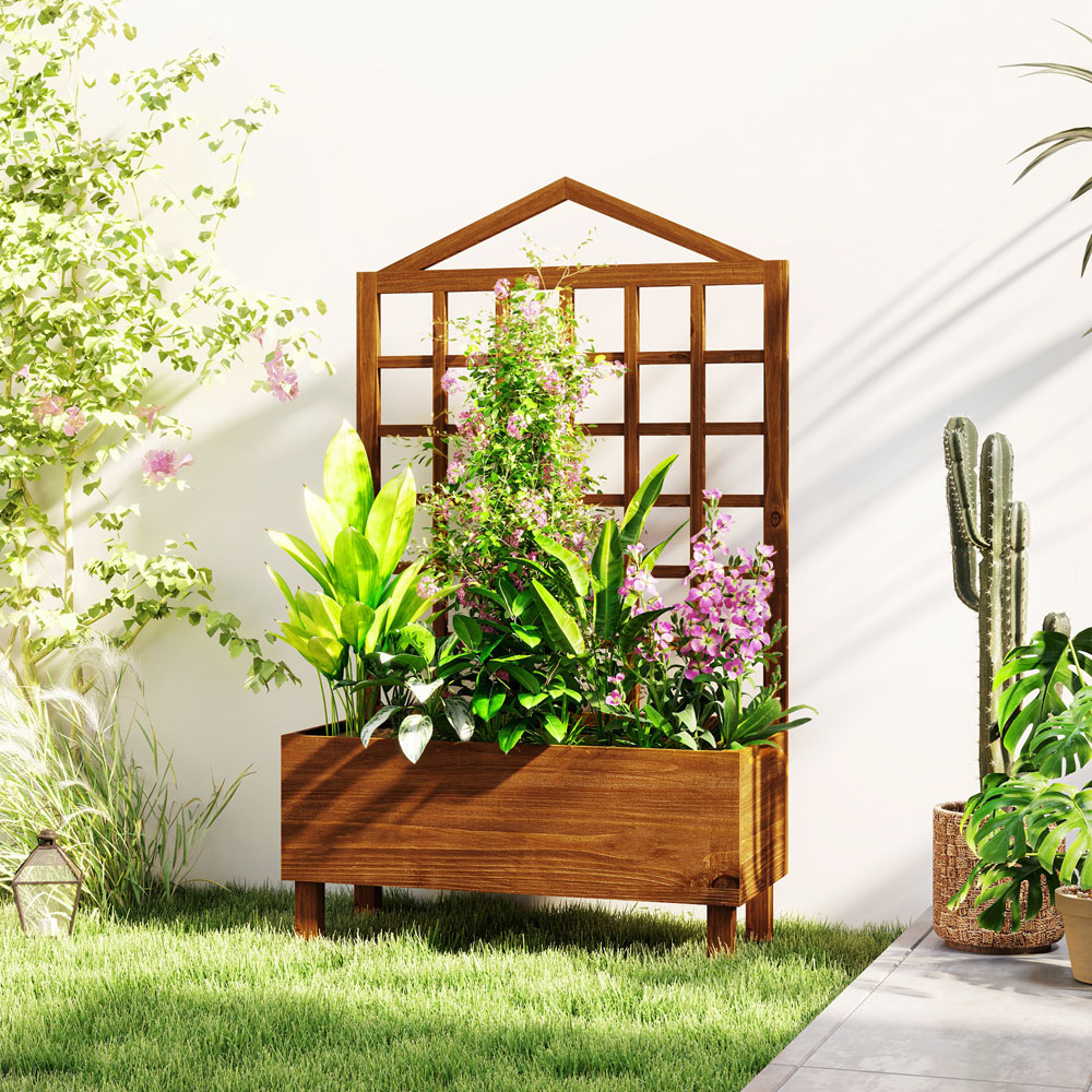 Outsunny Brown Wooden Garden Planter with Trellis Image 3