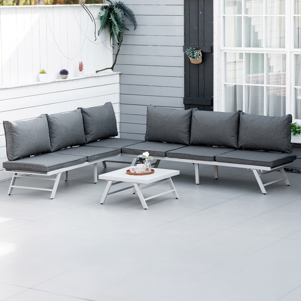 Outsunny 6 Seater Grey Steel Convertible Sofa Set with Cushions Image 1