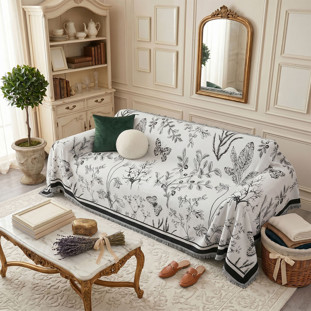 Living and Home 4 Seater White and Black Butterfly Chenille Sofa Cover Image 2