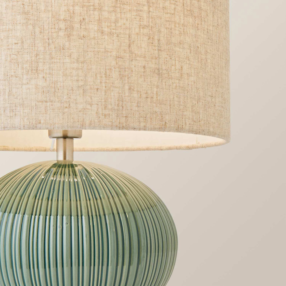 ValueLights Rebecca Linen Shade Green Ribbed Ceramic Table Lamp with Bulb Image 3