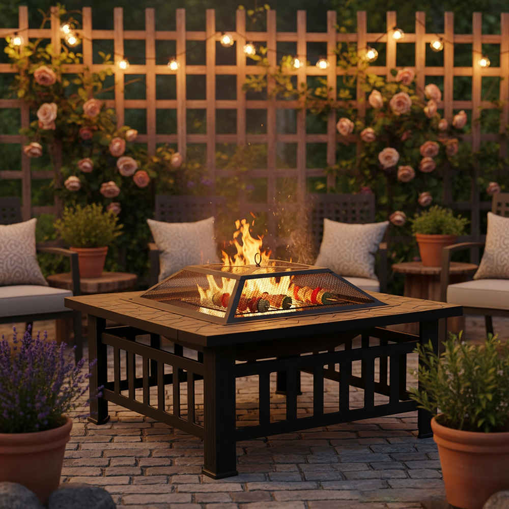 Living and Home Square Garden Fire Pit BBQ Table Image 2
