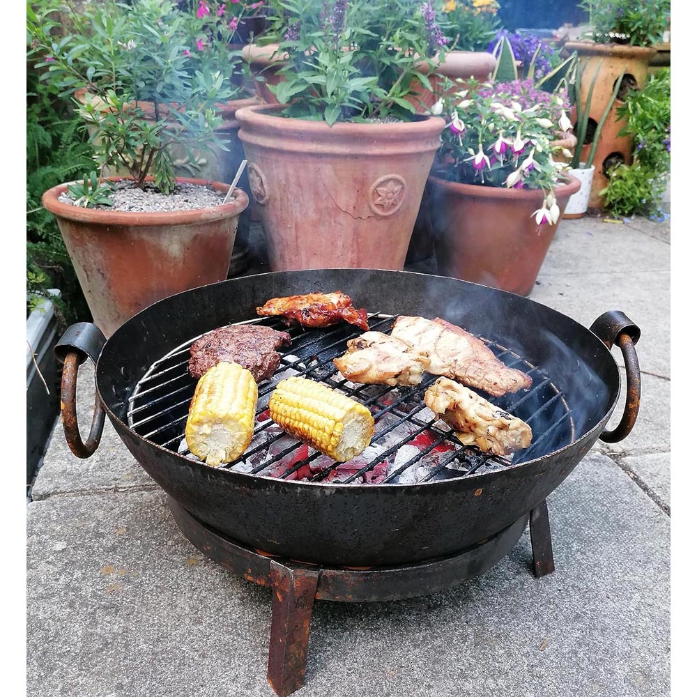 Inspirational Gifting Rustic Hand Made Steel Kadai BBQ and Fire Pit with Stand and Grill 60cm Image 6
