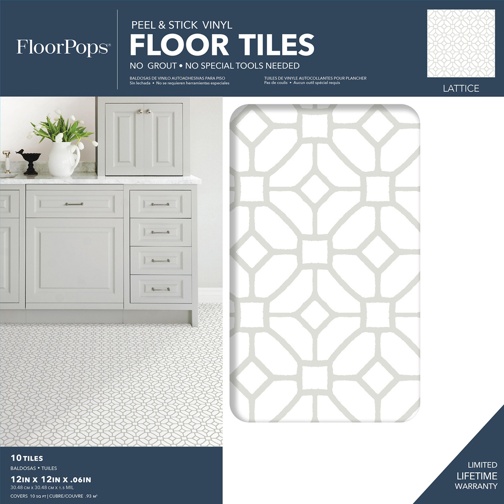 Floorpops Lattice Grey and White Peel and Stick Floor Tile 30.48 x 30.48cm 10 Pack Image 7