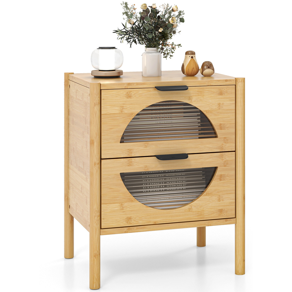 Costway 2 Drawer Natural Mid Century Bamboo Nightstand Image 3