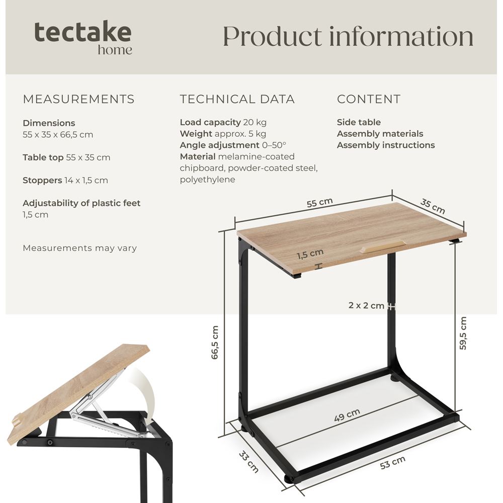 Tectake Ruston C-Shape Sonoma Oak Bedside Table with Tilting Top Image 9