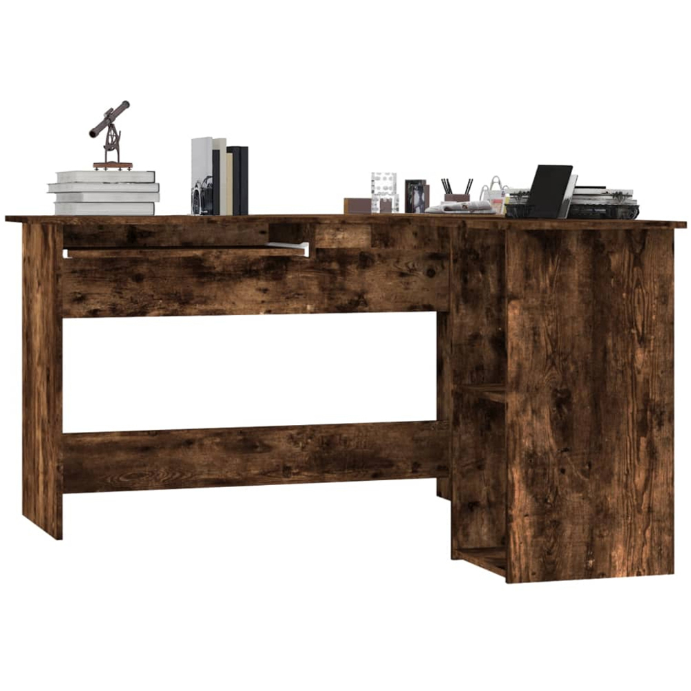 vidaXL 2 Shelf L-Shaped Corner Computer Desk with Keyboard Tray Smoked Oak Image 3
