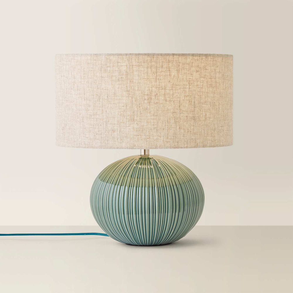 ValueLights Rebecca Linen Shade Green Ribbed Ceramic Table Lamp with Bulb Image 5