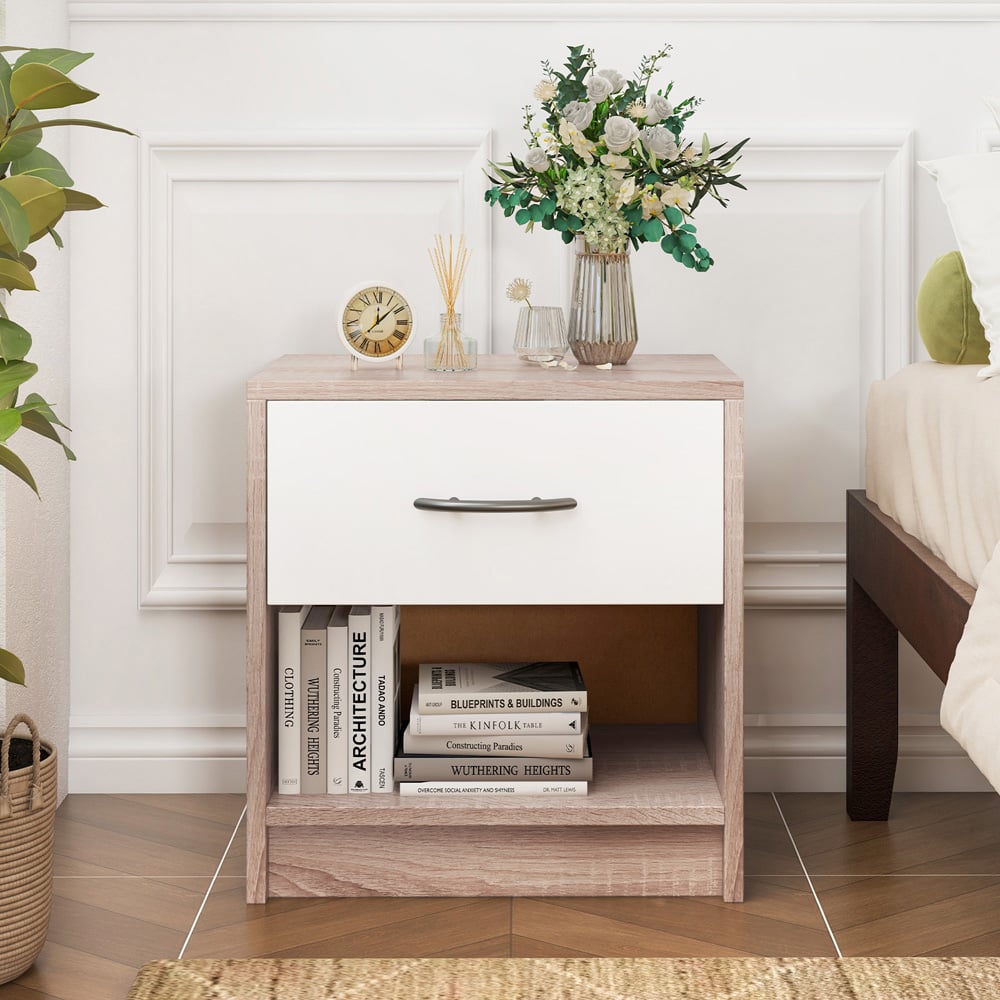 Costway Single Drawer Single Shelf Natural and White Nightstand Image 4