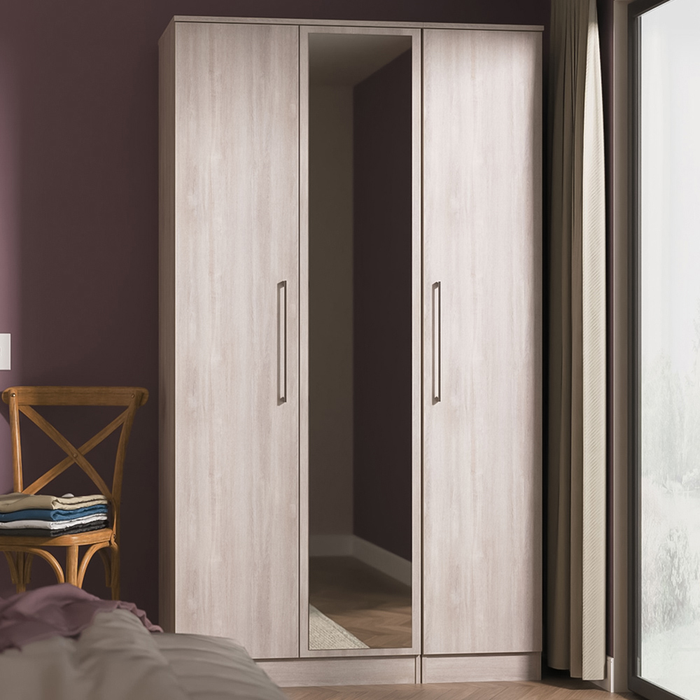 Crowndale Worcester 3 Door Grey Oak Tall Mirrored Wardrobe Ready Assembled Image 1