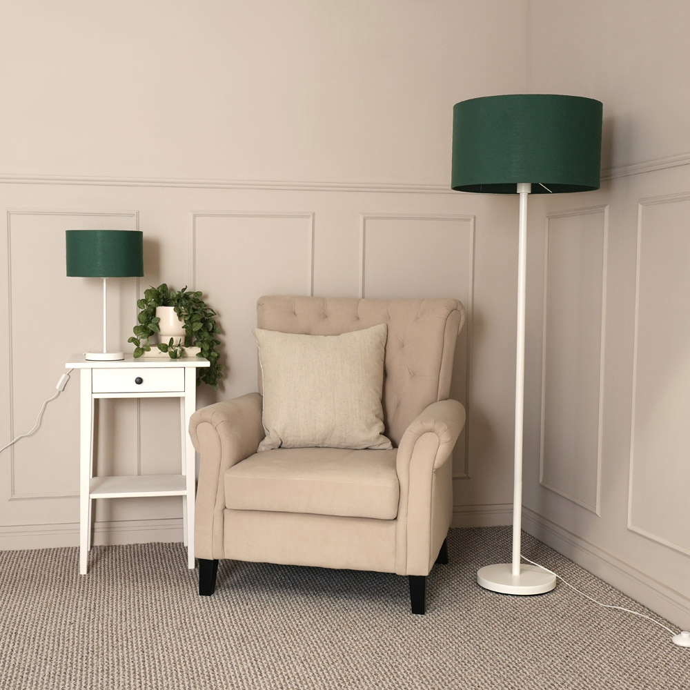 ValueLights Charlie Forest Green Drum Shade White Single Stem LED Floor Lamp Image 3