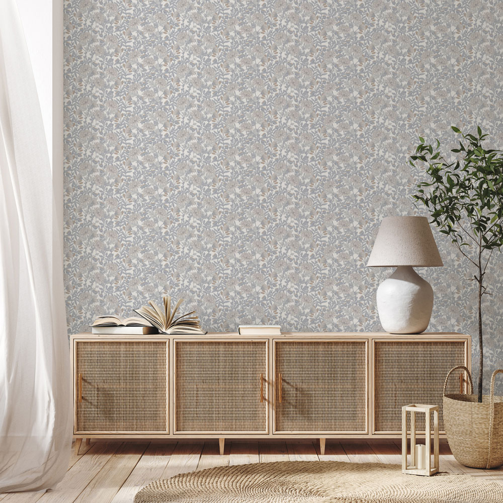 Muriva Martha Floral Cream and Blue Wallpaper Image 5