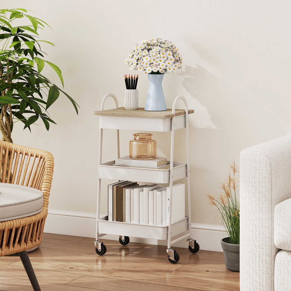 Portland 3 Tier White and Oak Rolling Utility Cart with Mesh Baskets Image 4