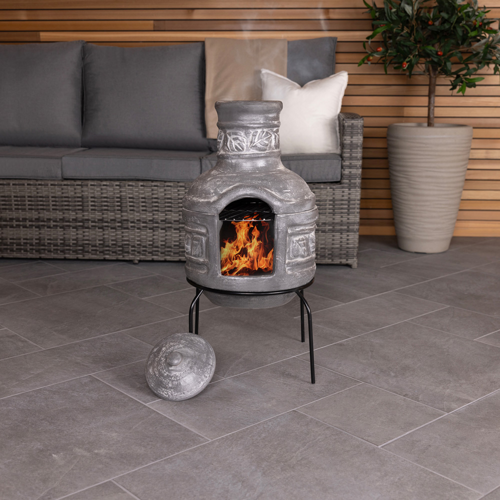 Charles Bentley Snug Granada Leaf Motif Clay Chiminea with BBQ Grill Lid and Stand Image 8