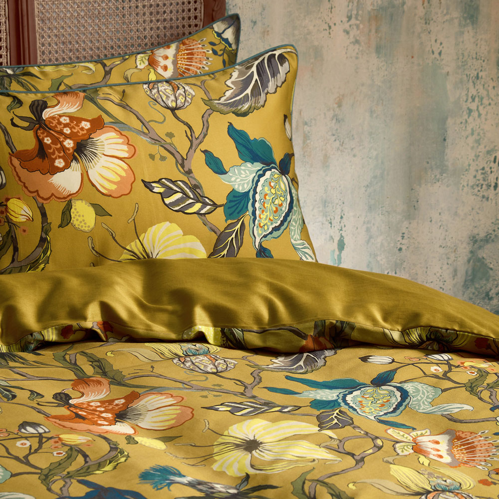 EW by Edinburgh Weavers Morton Floral Double Ochre Cotton Sateen Duvet Cover Set Image 3