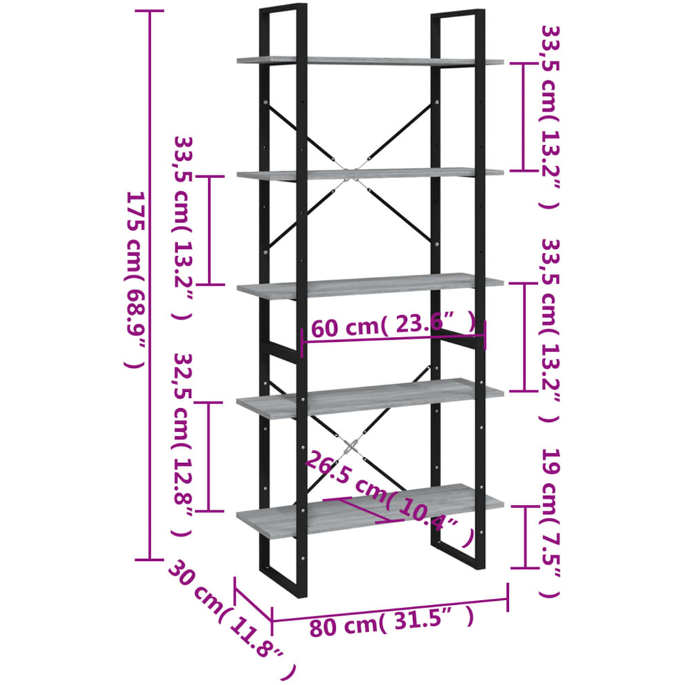 vidaXL 5 Shelf Grey Sonoma Oak Bookcase Image 9