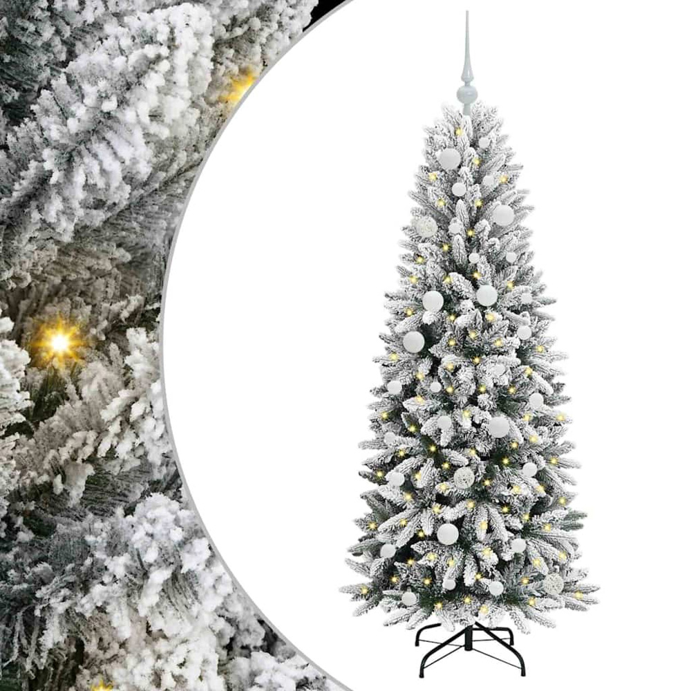vidaXL Pre-Lit White Baubles Artificial Snow Flocked Christmas Tree 5ft Image 2