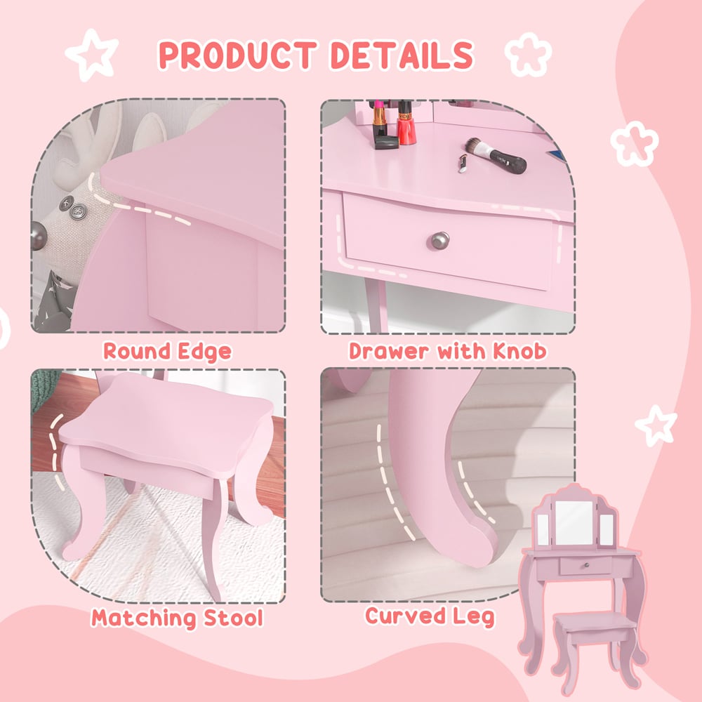 HOMCOM Single Drawer Pink Tri-Folding Mirror Makeup Dressing and Table Set Image 9