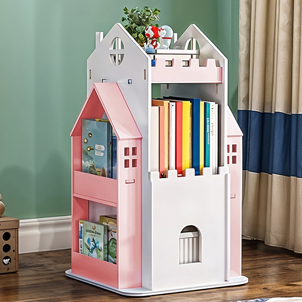 Living and Home 3 Tier Pink Rotating Kids Castle Bookshelf Image 1