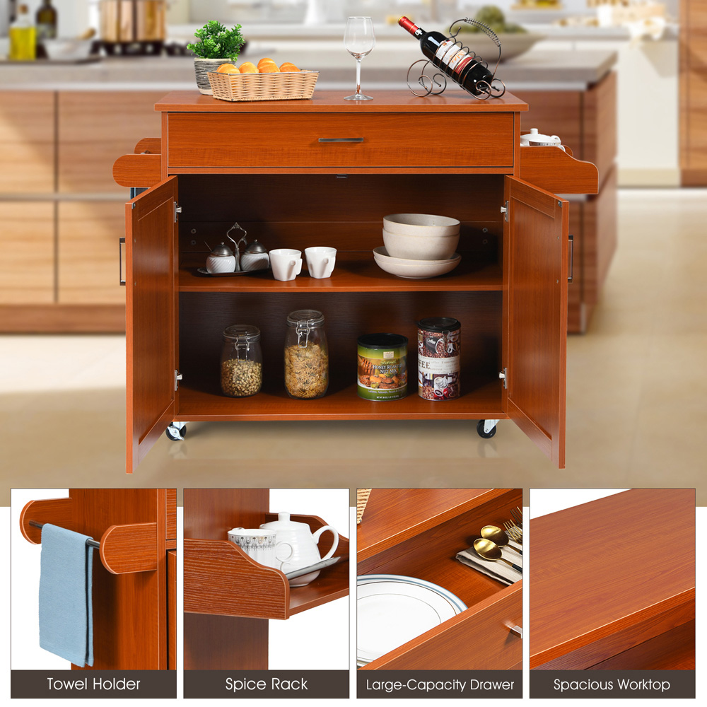 Costway 2 Door Single Drawer Single Shelf Brown Rolling Kitchen Storage Trolley Image 6