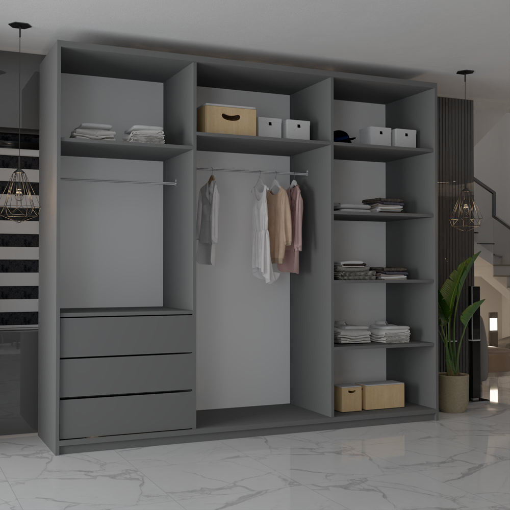 M N Furniture Modern Gala 3 Door Grey Mirrored Sliding Wardrobe 250cm Image 3