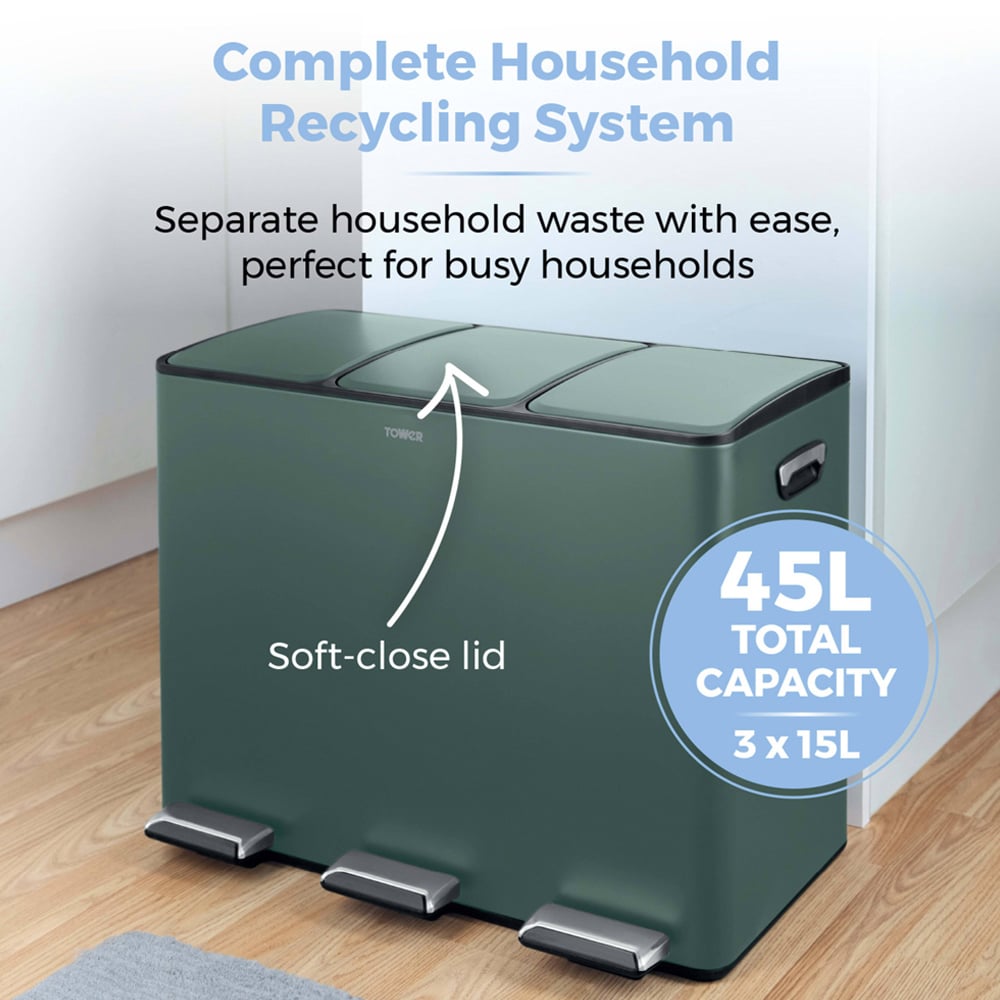Tower Triple Recycling Green Pedal Bin 45L Image 3