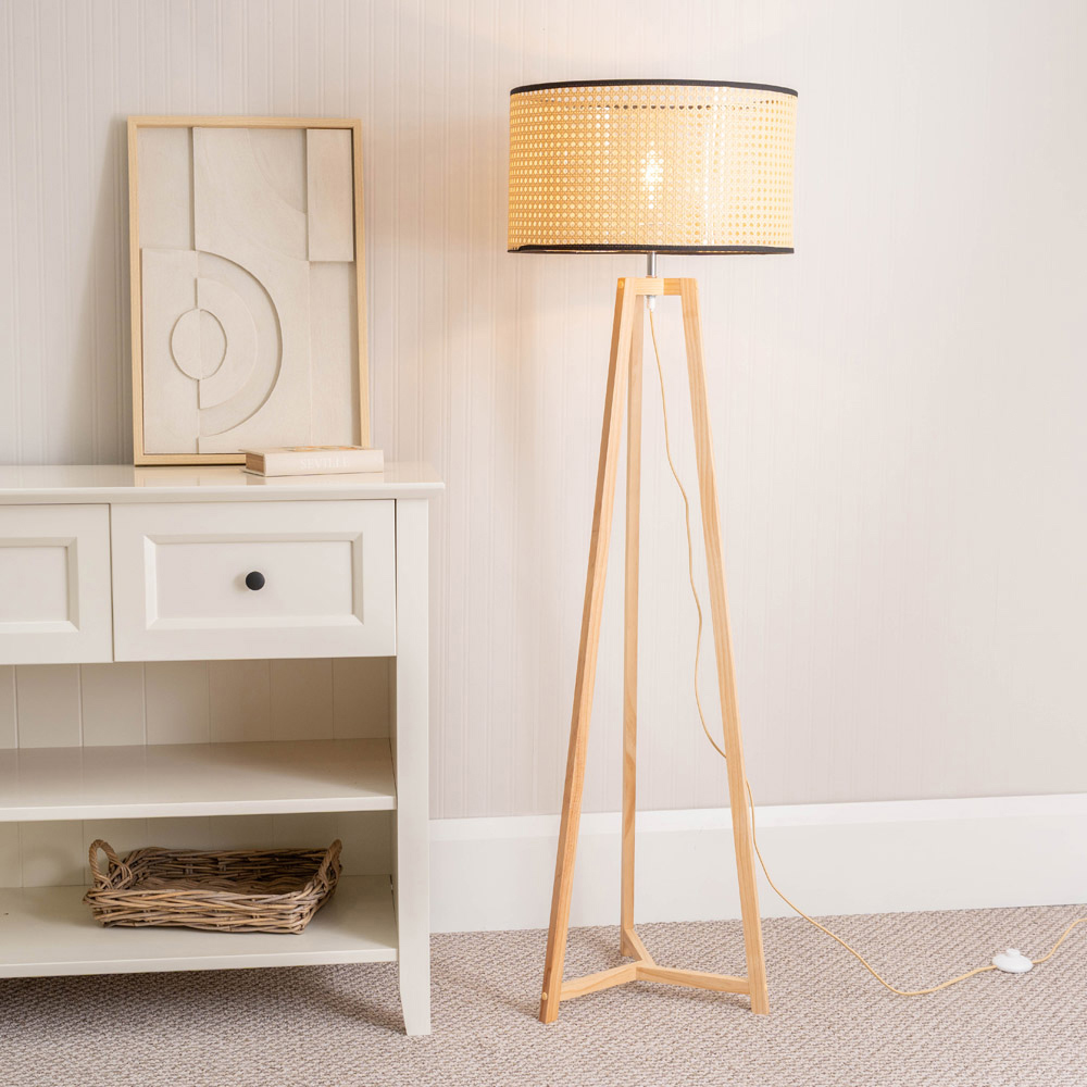 ValueLights Lottie Natural Cane Drum Shade Natural Wood Tripod LED Floor Lamp Image 2