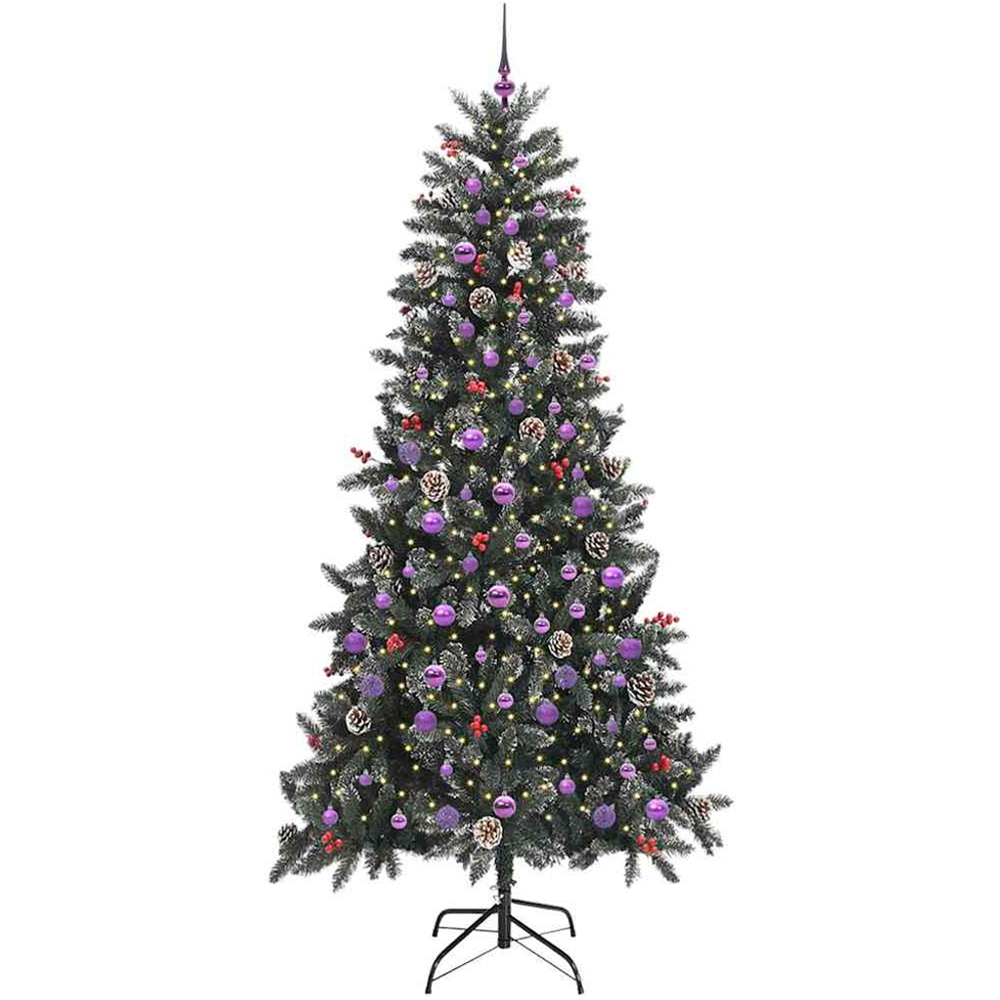 vidaXL Pre-Lit Lilac Baubles and Pinecones Green Artificial Snow Tipped Christmas Tree 8ft Image 1