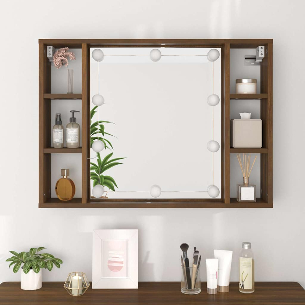 vidaXL 6 Shelf Brown Oak LED Mirror Cabinet Image 8