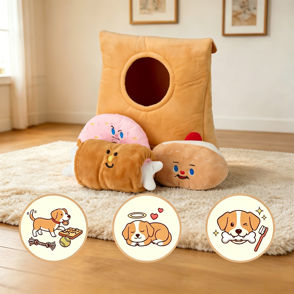 H&O Direct 4 Piece Squeaky Doughnut Pastry and Grilled Meat Soft Plush Interactive Dog Toy Set Image 5