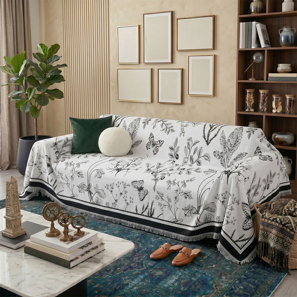 Living and Home 3 Seater White and Black Butterfly Chenille Sofa Cover Image 7