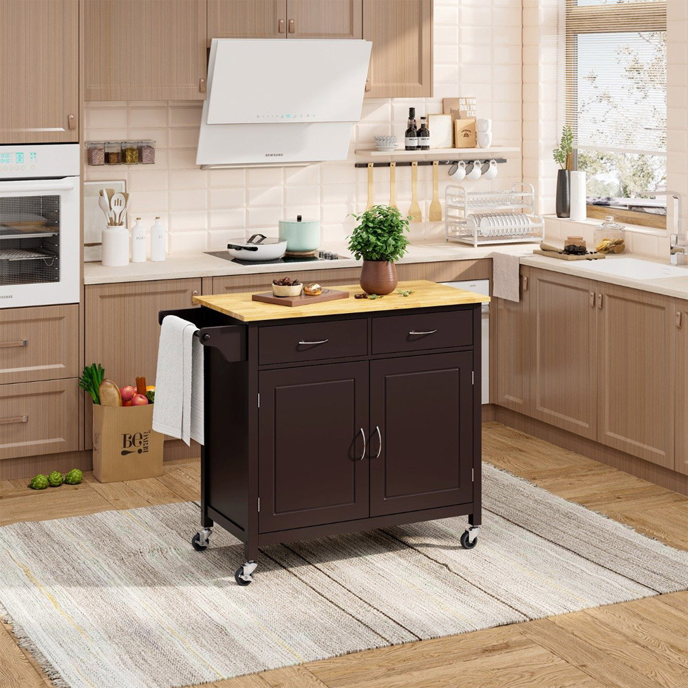 Costway 2 Door 2 Drawer Brown Rolling Kitchen Island Cart Image 2