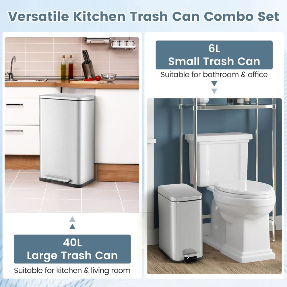Costway Silver Step Trash Can Combo Set 40L and 6L Image 5