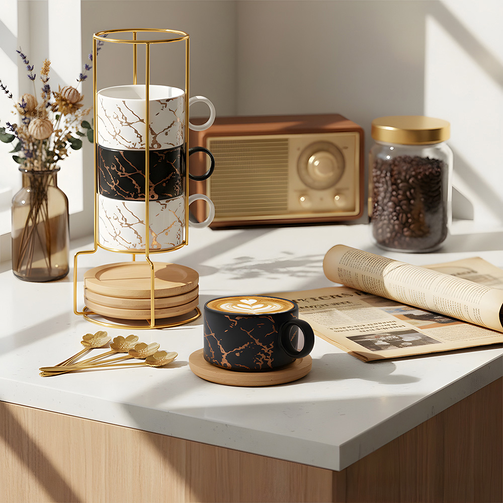 Living and Home 12 Piece White and Black Marble Ceramic Coffee Cup Set with Stand Image 2