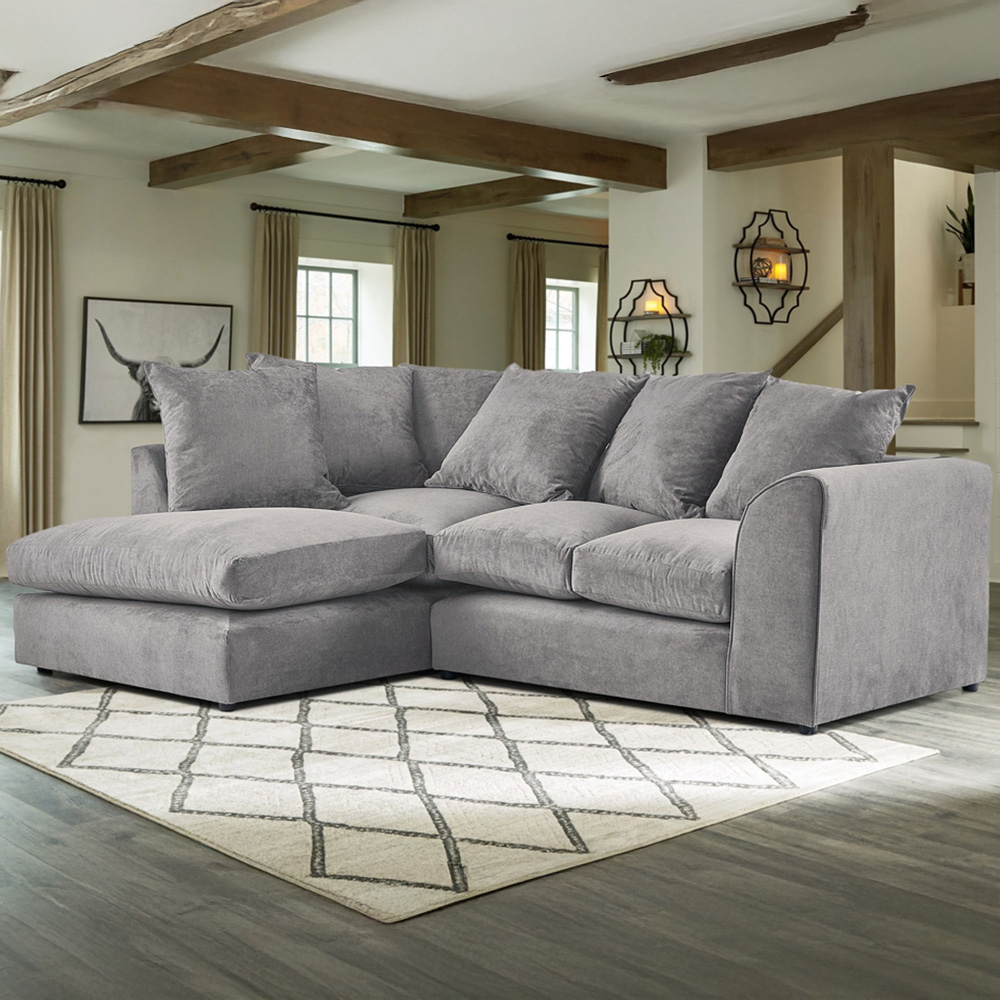 Portland Mirana Modern 3 Seater Grey Plush Velvet Left Hand Corner Sofa Image 1