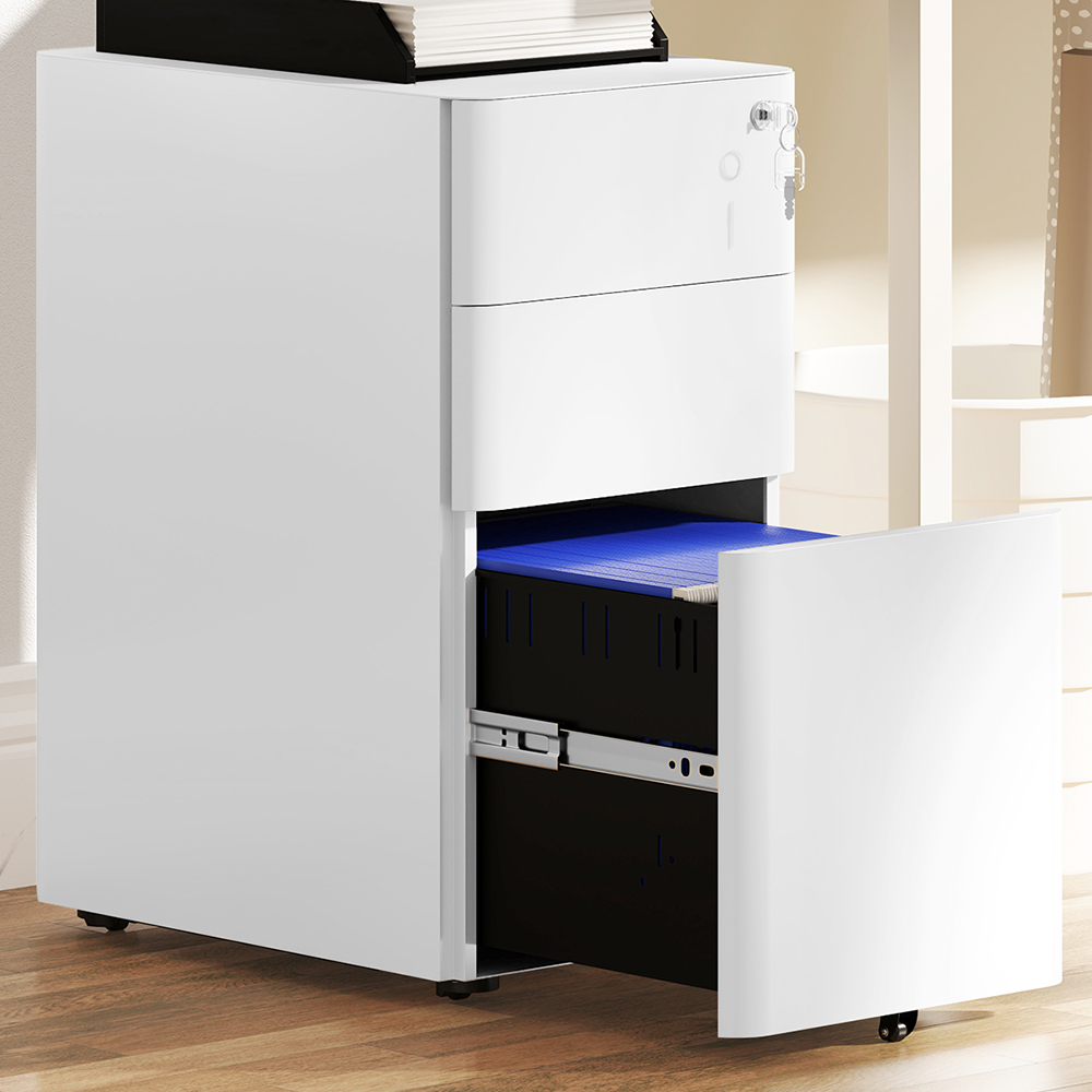 Vinsetto 3 Drawer White Steel Lockable Filing Cabinet on Wheels Image 1