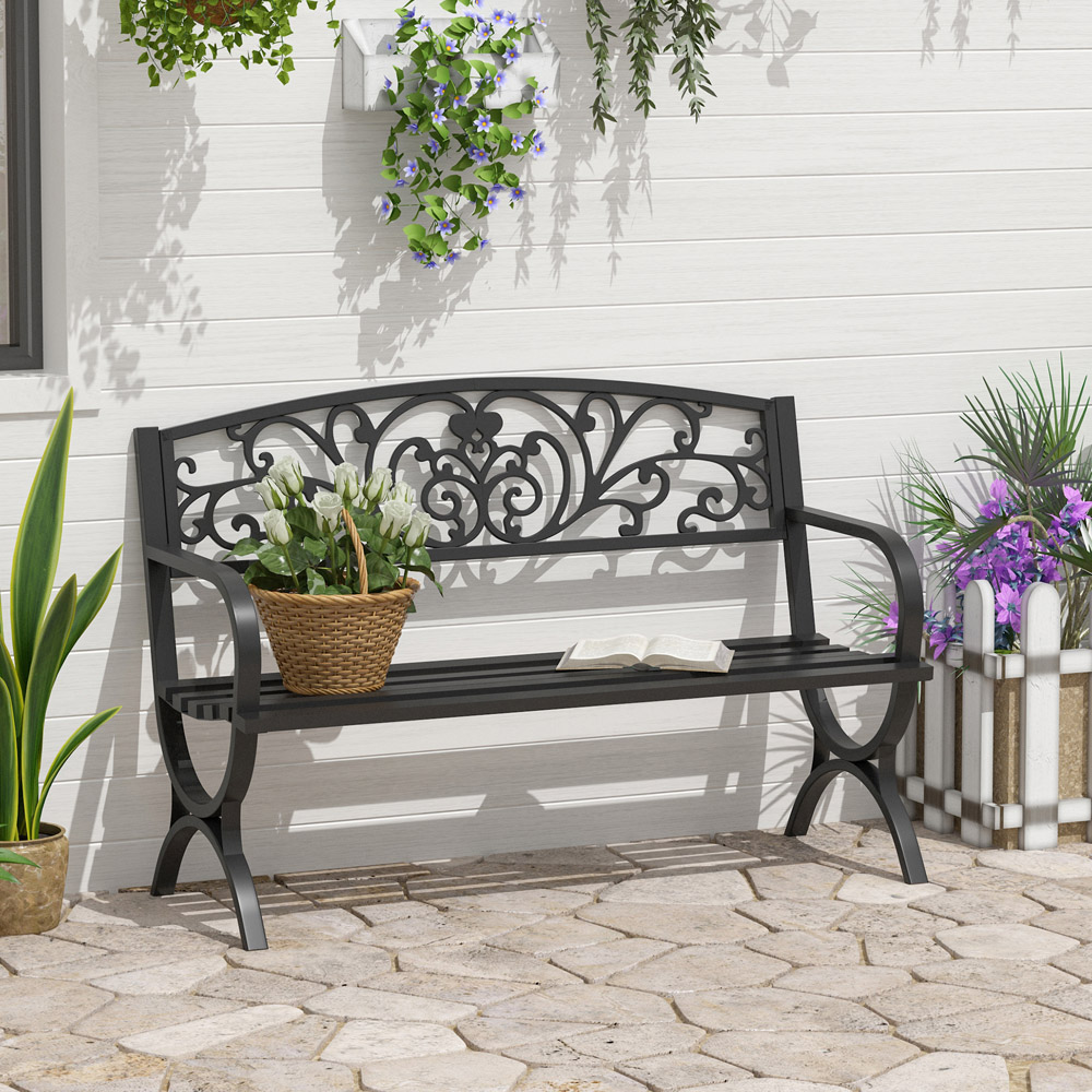 Outsunny 2 Seater Black Metal Bench with Armrest Image 7