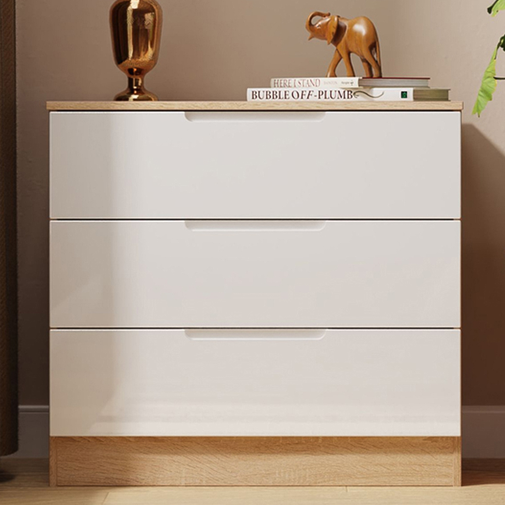 Crowndale Milan 3 Drawer White Gloss and Bardolino Oak Chest of Drawers Ready Assembled Image 1