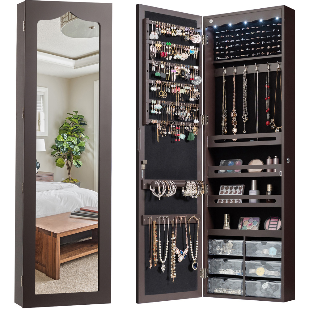 Costway Rustic Brown Mirror Wall Mounted Jewellery Armoire with LED