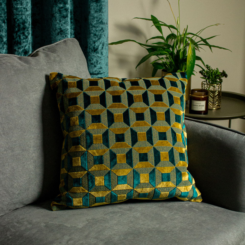 Paoletti Empire Teal and Gold Velvet Jacquard Cushion Image 2