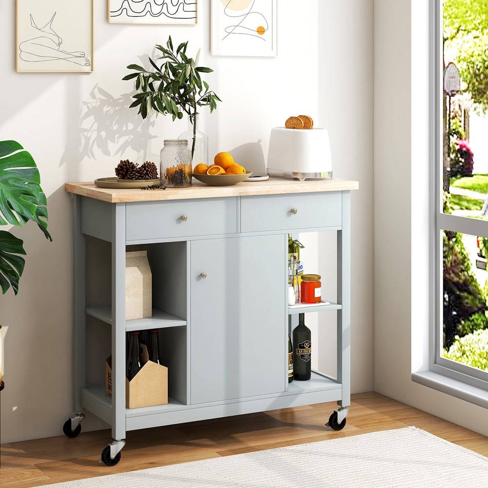 Costway Grey Rolling Kitchen Island Cart with Rubber Wood Top Image 2