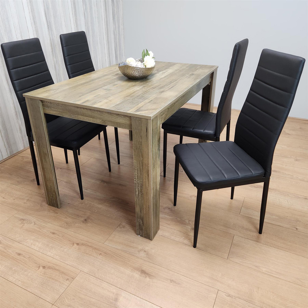 Kosy Koala 4 Seater Wood and Faux Leather Dining Set Rustic Effect and Black Image 1