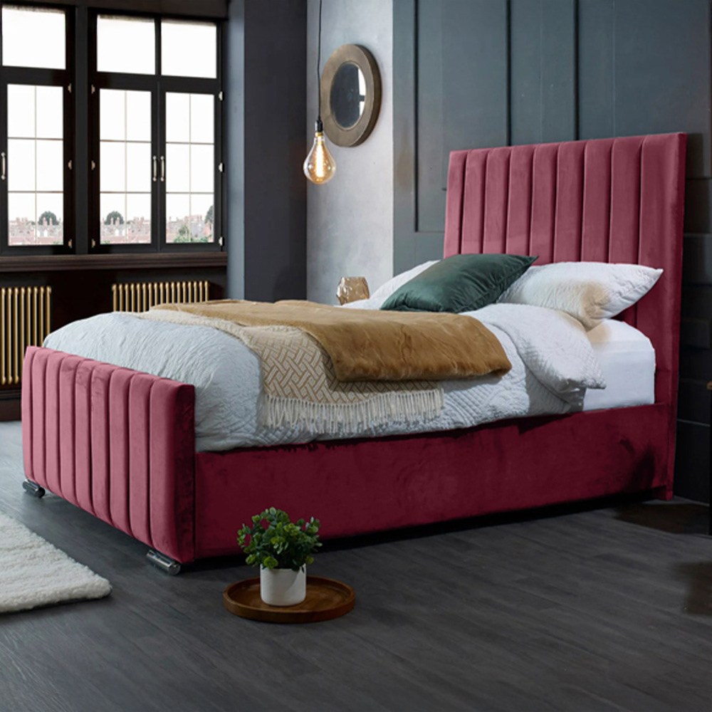Eleganza Home Redding Double Maroon Plush Velvet Bed Frame with Headboard Image 1