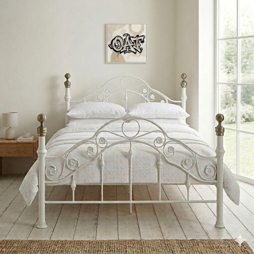 OAT Home Kensington Double White and Brass Metal Bed Frame Image 3