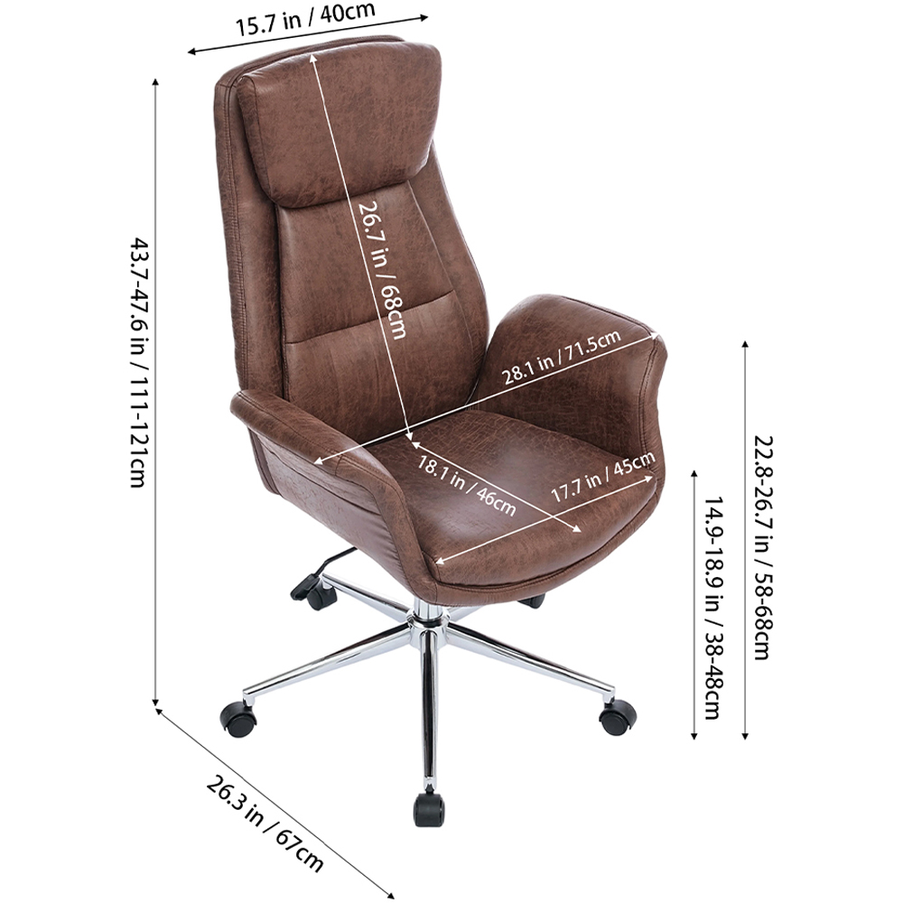 Living and Home Brown PU Leather Height Adjustable High-Back Swivel Office Chair with Headrest Image 8