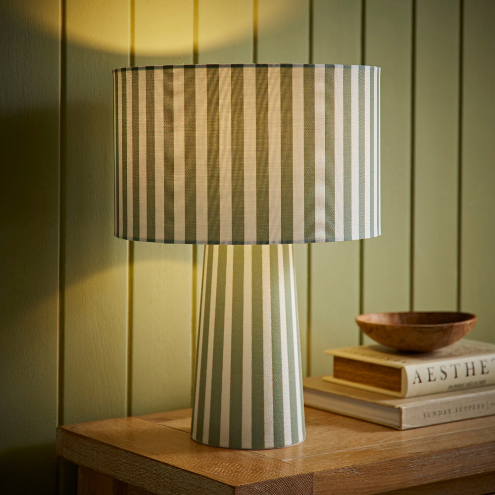 ValueLights Thorley Green and Cream Stripe Drum Shade Full Fabric LED Table Lamp Image 2